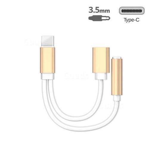2 in 1 Audio Jack 3.5mm Female + Type-c Female to Type-C Male Connector Cable USB C to 3.5mm Jack Adapter - Golden