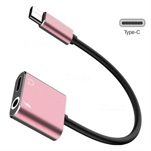 Aluminum Alloy 2 in 1 Audio Jack 3.5mm + USB C Type-c Female to Type-C Male Splitter Connector Adapter - Rose Gold