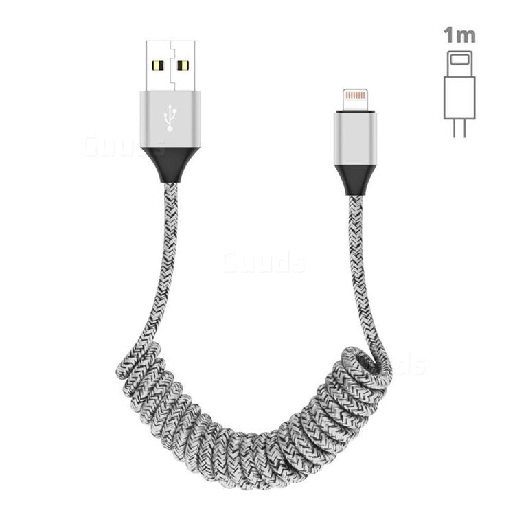 Stretch Spring Weave 8 Pin Cable for iPhone iPad - Silver