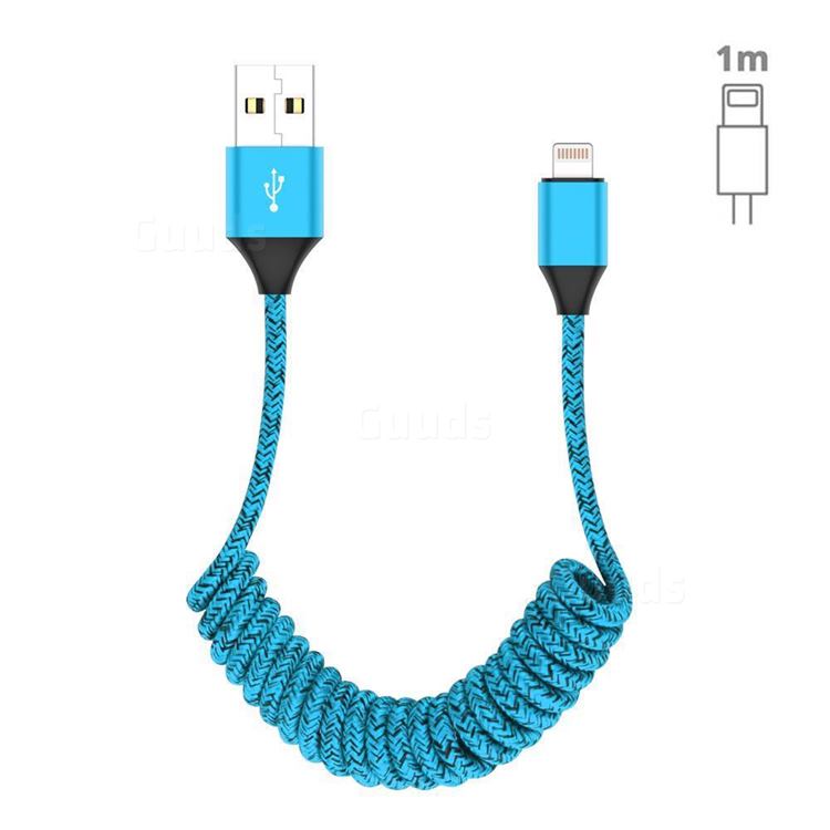 Stretch Spring Weave 8 Pin Cable for iPhone iPad - Blue