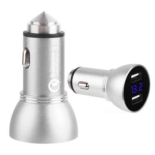 Aluminum Alloy QC 3.0 Dual USB Car Charger 2.4A Car Charger with LED Display Car Battery Tester - Silver