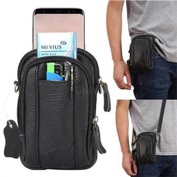 Universal Litchi Genuine Leather Holster Satchel Multi-functional Waist Phone Bag Pocket Case - Black