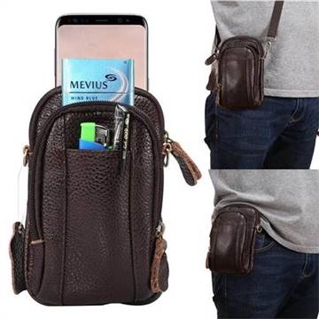 Universal Litchi Genuine Leather Holster Satchel Multi-functional Waist Phone Bag Pocket Case - Coffee