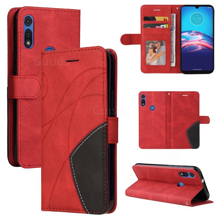 Luxury Two-color Stitching Leather Wallet Case Cover for Motorola Moto E 2020 - Red