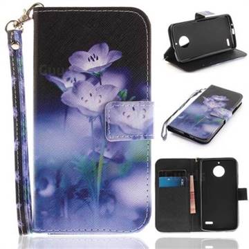 Blue Flowers Hand Strap Leather Wallet Case for Motorola Moto E4(Europe)