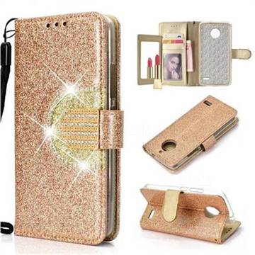 Glitter Diamond Buckle Splice Mirror Leather Wallet Phone Case for Motorola Moto E4(Europe) - Golden