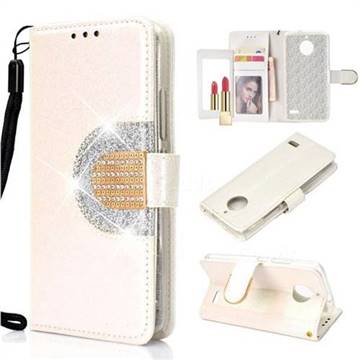 Glitter Diamond Buckle Splice Mirror Leather Wallet Phone Case for Motorola Moto E4(Europe) - White