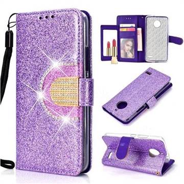 Glitter Diamond Buckle Splice Mirror Leather Wallet Phone Case for Motorola Moto E4(Europe) - Purple