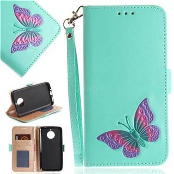 Imprint Embossing Butterfly Leather Wallet Case for Motorola Moto E4 Plus(Europe) - Mint Green