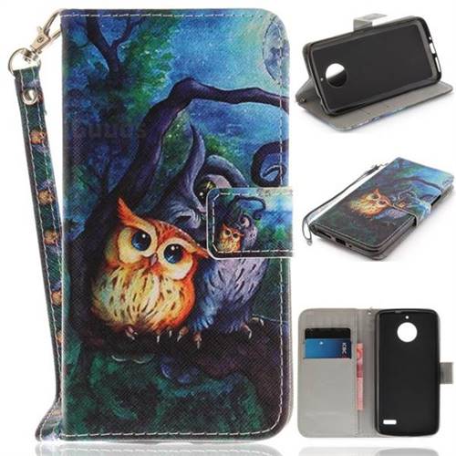 Oil Painting Owl Hand Strap Leather Wallet Case for Motorola Moto E4 Plus(Europe)