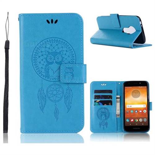 Intricate Embossing Owl Campanula Leather Wallet Case for Motorola Moto E5 - Blue