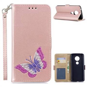 Imprint Embossing Butterfly Leather Wallet Case for Motorola Moto E5 - Rose Gold