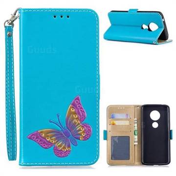 Imprint Embossing Butterfly Leather Wallet Case for Motorola Moto E5 - Sky Blue