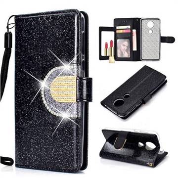 Glitter Diamond Buckle Splice Mirror Leather Wallet Phone Case for Motorola Moto E5 - Black