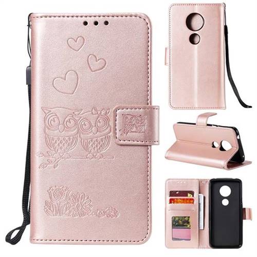 Embossing Owl Couple Flower Leather Wallet Case for Motorola Moto E5 - Rose Gold
