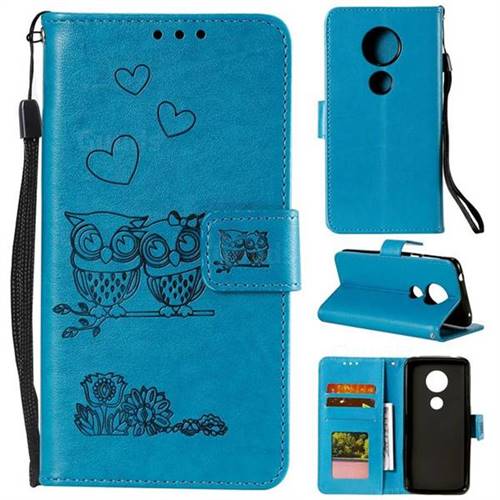 Embossing Owl Couple Flower Leather Wallet Case for Motorola Moto E5 - Blue