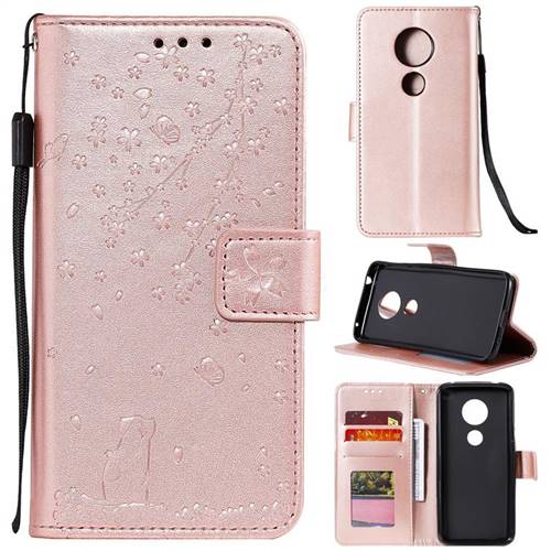 Embossing Cherry Blossom Cat Leather Wallet Case for Motorola Moto E5 - Rose Gold