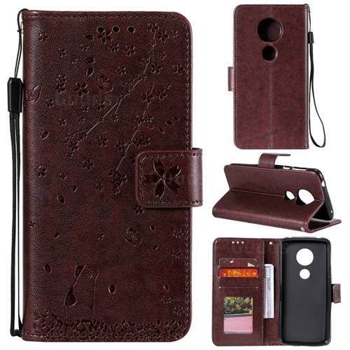 Embossing Cherry Blossom Cat Leather Wallet Case for Motorola Moto E5 - Brown