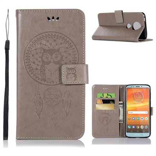 Intricate Embossing Owl Campanula Leather Wallet Case for Motorola Moto E5 Plus - Grey