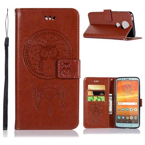 Intricate Embossing Owl Campanula Leather Wallet Case for Motorola Moto E5 Plus - Brown