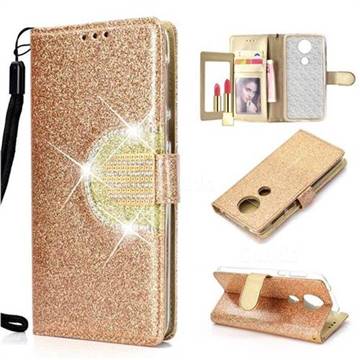 Glitter Diamond Buckle Splice Mirror Leather Wallet Phone Case for Motorola Moto E5 Plus - Golden