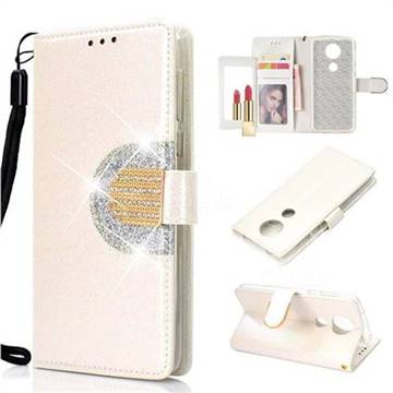 Glitter Diamond Buckle Splice Mirror Leather Wallet Phone Case for Motorola Moto E5 Plus - White