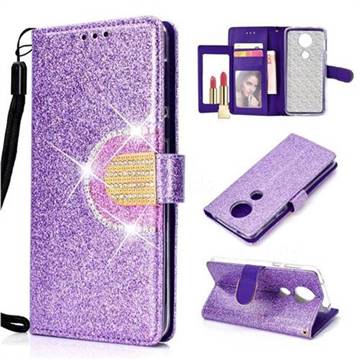 Glitter Diamond Buckle Splice Mirror Leather Wallet Phone Case for Motorola Moto E5 Plus - Purple