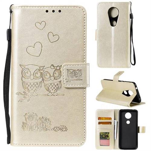 Embossing Owl Couple Flower Leather Wallet Case for Motorola Moto E5 Plus - Golden