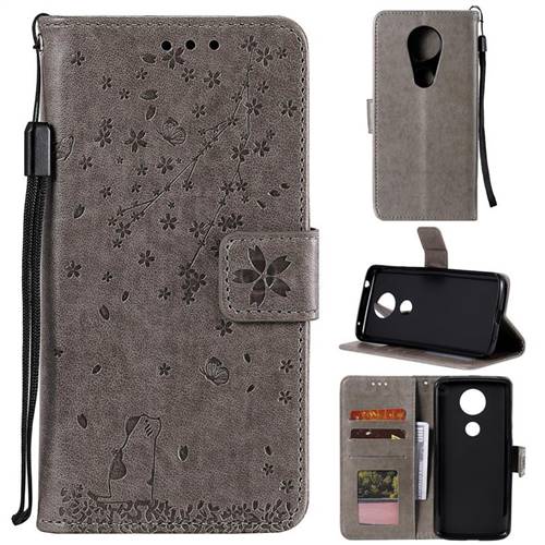 Embossing Cherry Blossom Cat Leather Wallet Case for Motorola Moto E5 Plus - Gray