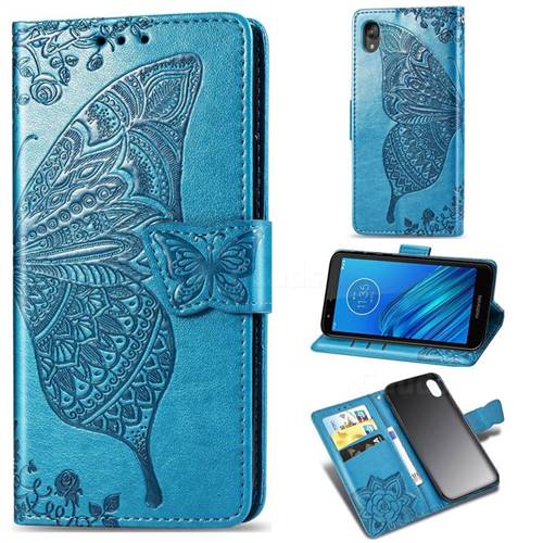 Embossing Mandala Flower Butterfly Leather Wallet Case for Motorola Moto E6 - Blue