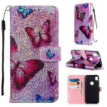 Blue Butterfly Sequins Painted Leather Wallet Case for Motorola Moto E6