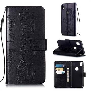 Embossing Tiger and Cat Leather Wallet Case for Motorola Moto E6 - Black