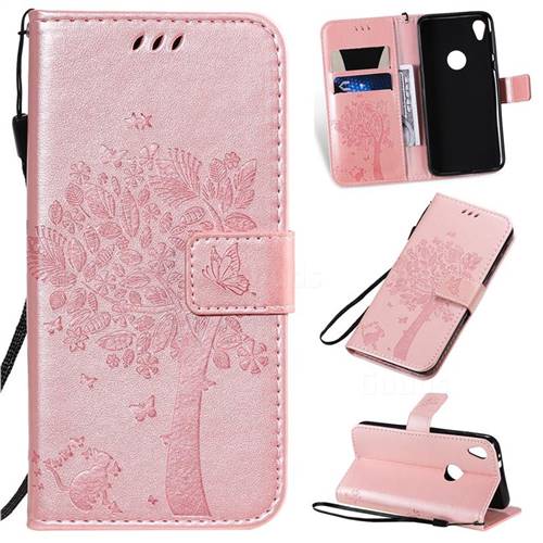 Embossing Butterfly Tree Leather Wallet Case for Motorola Moto E6 - Rose Pink