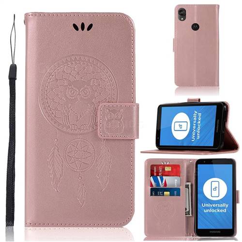 Intricate Embossing Owl Campanula Leather Wallet Case for Motorola Moto E6 - Rose Gold