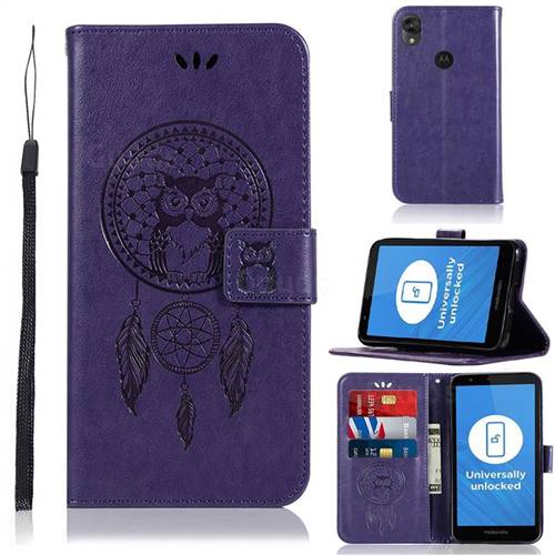 Intricate Embossing Owl Campanula Leather Wallet Case for Motorola Moto E6 - Purple