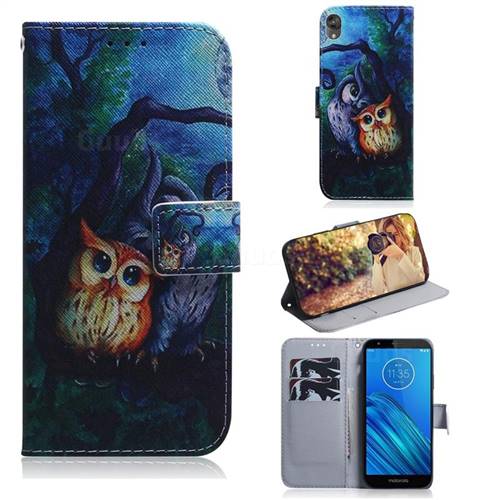 Oil Painting Owl PU Leather Wallet Case for Motorola Moto E6