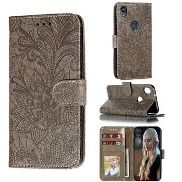 Intricate Embossing Lace Jasmine Flower Leather Wallet Case for Motorola Moto E6 - Gray