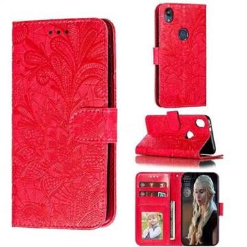 Intricate Embossing Lace Jasmine Flower Leather Wallet Case for Motorola Moto E6 - Red