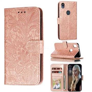 Intricate Embossing Lace Jasmine Flower Leather Wallet Case for Motorola Moto E6 - Rose Gold