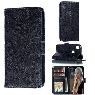 Intricate Embossing Lace Jasmine Flower Leather Wallet Case for Motorola Moto E6 - Dark Blue