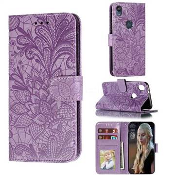 Intricate Embossing Lace Jasmine Flower Leather Wallet Case for Motorola Moto E6 - Purple