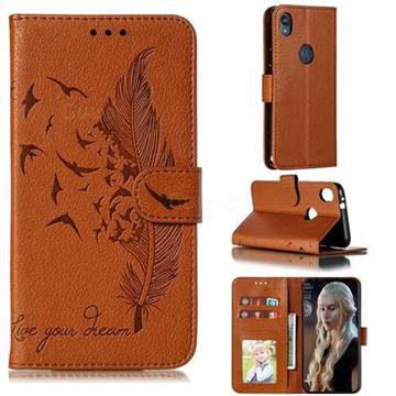 Intricate Embossing Lychee Feather Bird Leather Wallet Case for Motorola Moto E6 - Brown