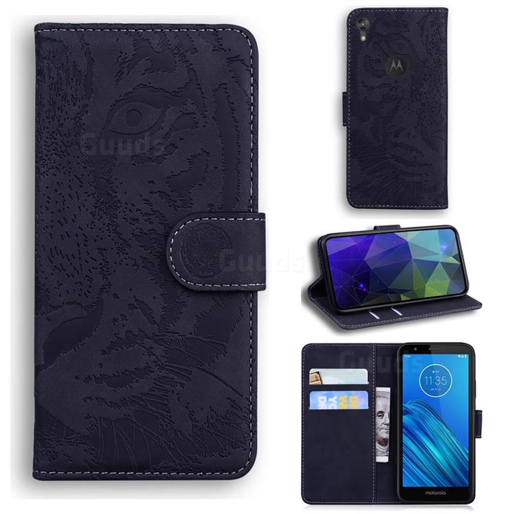 Intricate Embossing Tiger Face Leather Wallet Case for Motorola Moto E6 - Black