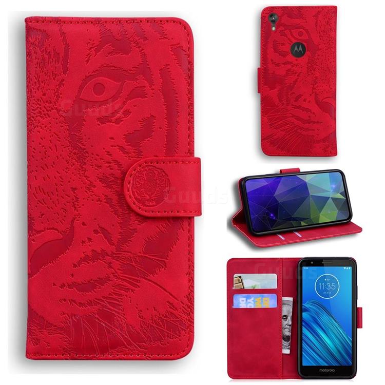 Intricate Embossing Tiger Face Leather Wallet Case for Motorola Moto E6 - Red