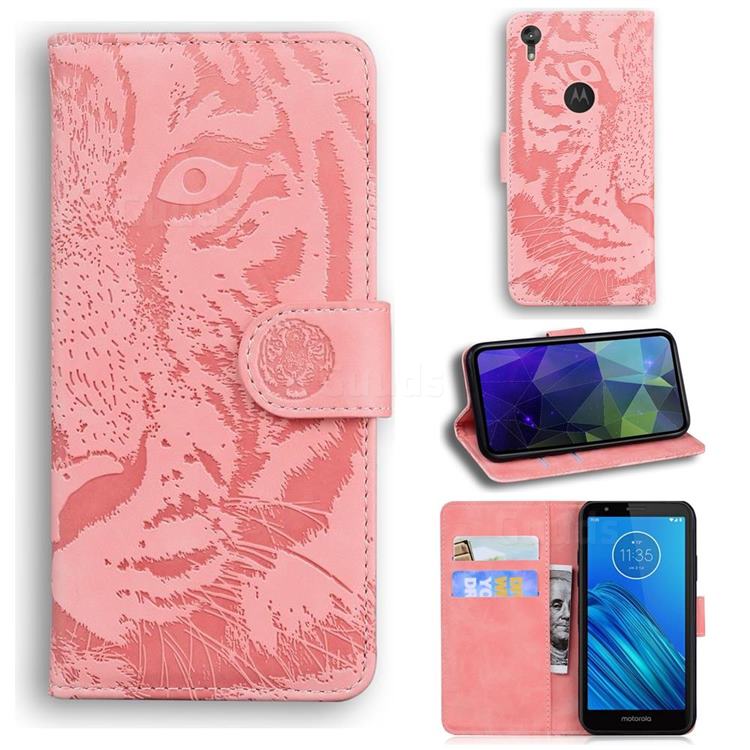 Intricate Embossing Tiger Face Leather Wallet Case for Motorola Moto E6 - Pink