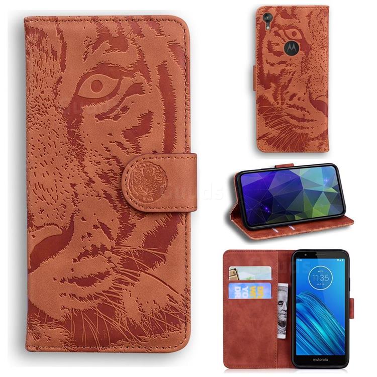 Intricate Embossing Tiger Face Leather Wallet Case for Motorola Moto E6 - Brown