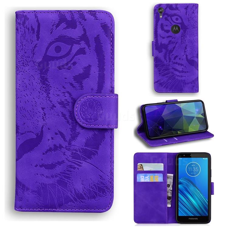 Intricate Embossing Tiger Face Leather Wallet Case for Motorola Moto E6 - Purple