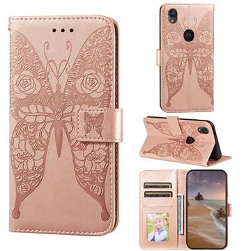 Intricate Embossing Rose Flower Butterfly Leather Wallet Case for Motorola Moto E6 - Rose Gold