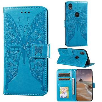 Intricate Embossing Rose Flower Butterfly Leather Wallet Case for Motorola Moto E6 - Blue