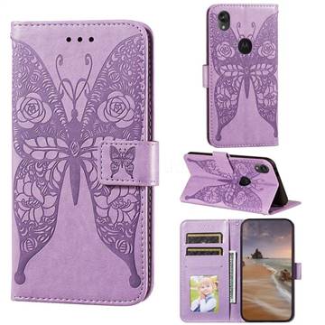 Intricate Embossing Rose Flower Butterfly Leather Wallet Case for Motorola Moto E6 - Purple